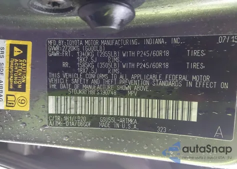 2015 Toyota Highlander Xle V6 z USA, uszkodzony, nr VIN 5TDJKRFH8FS190748